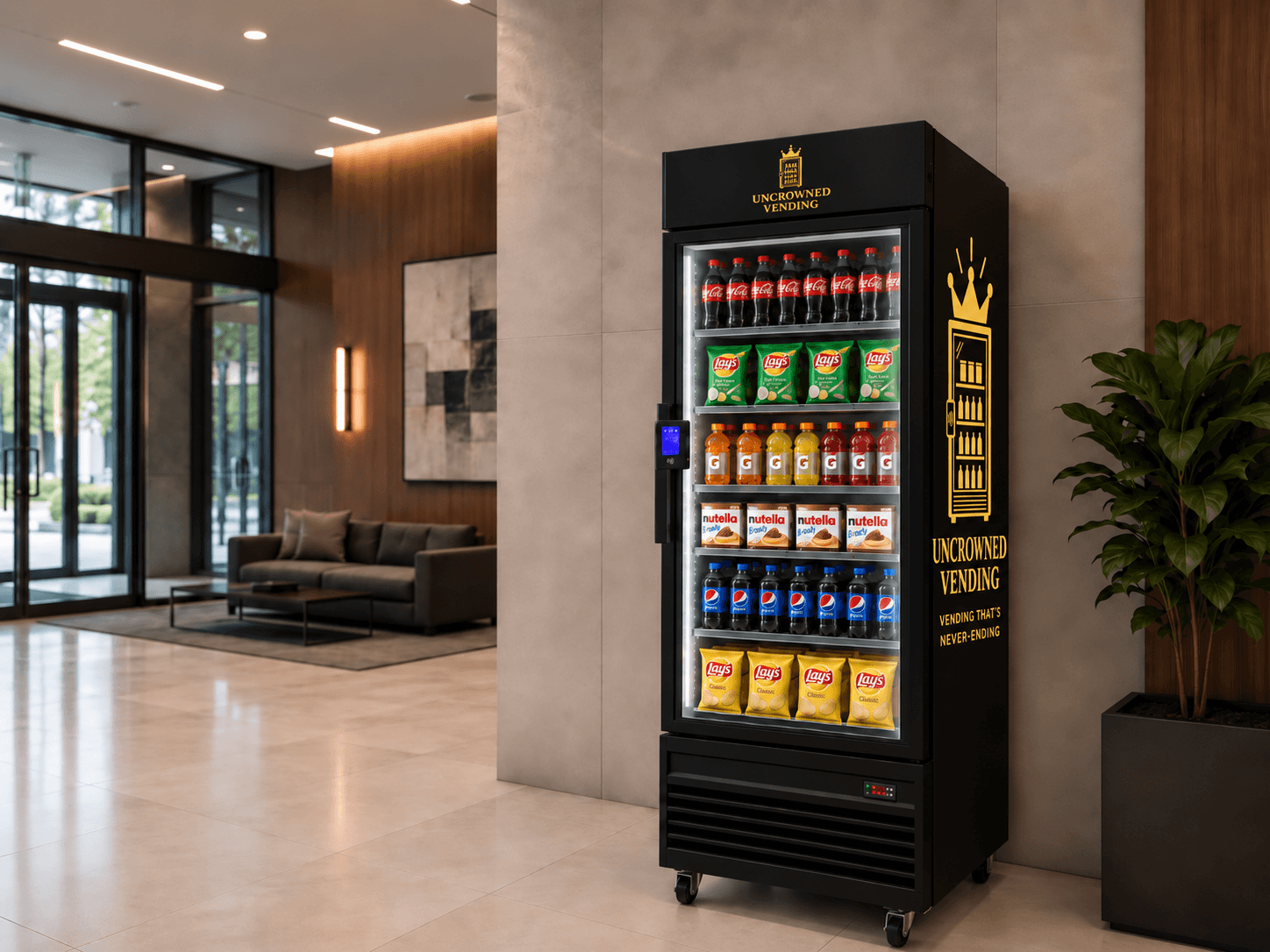 An Uncrowned Vending smart cooler stocked with snacks & drinks in a modern office lobby